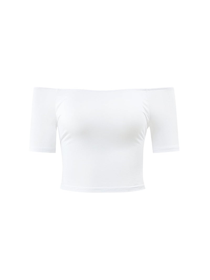 HUHOT Womens Basic Short Sleeves Off The Shoulder Short Cami White Crop Tops for Women Sexy - Image 4